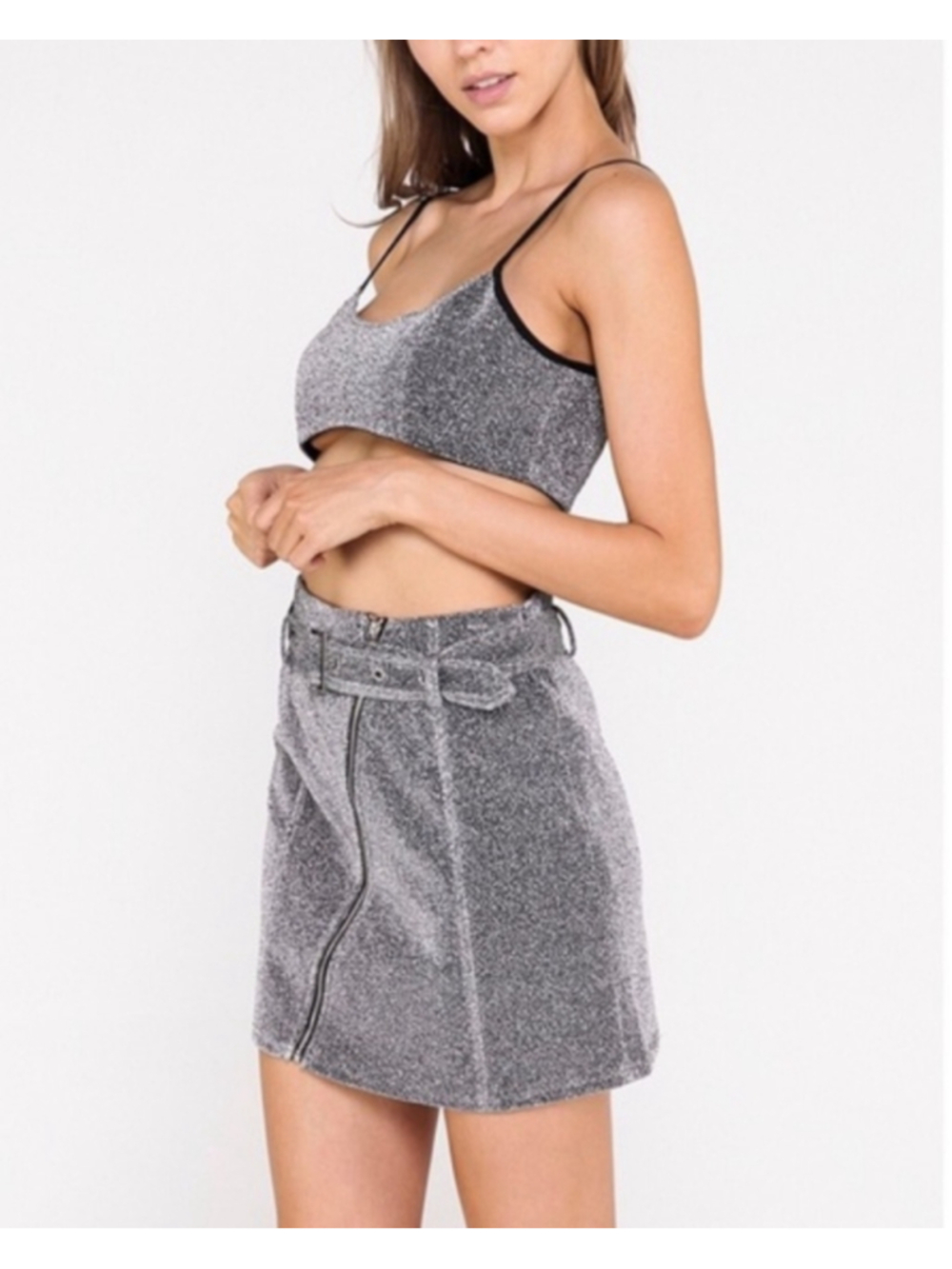 Hello Miss Crop Top and Mini Skirt Silver Black Glitter club wear - Picture 3 of 5